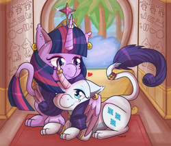 Size: 1024x874 | Tagged: safe, artist:kingkero, derpibooru import, rarity, twilight sparkle, twilight sparkle (alicorn), alicorn, sphinx, egyptian, female, horn, horn ring, hug, lesbian, rarilight, shipping, species swap, sphinxified, winghug