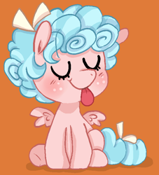 Size: 592x652 | Tagged: safe, artist:pinkiespresent, cozy glow, pegasus, pony, :p, cozybetes, cute, eyes closed, female, filly, orange background, silly, simple background, sitting, solo, tongue out