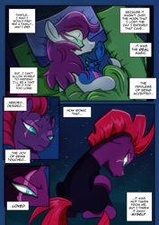 Size: 2480x3508 | Tagged: safe, artist:dsana, fizzlepop berrytwist, tempest shadow, oc, oc:lullaby dusk, oc:thistledown, earth pony, pegasus, pony, unicorn, comic:a storm's lullaby, broken horn, comic, depressing, eye scar, horn, night, sad, scar, sleeping, sleeping together, tsundere, tsundere shadow