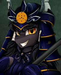 Size: 1446x1764 | Tagged: safe, artist:pridark, oc, oc:midnight radiance (sixpathspony), pony, armor, bust, commission, kabuto, male, portrait, samurai, smiling, solo