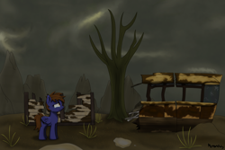 Size: 3000x2000 | Tagged: safe, artist:memeancholy, oc, oc:dauntless, pegasus, pony, fallout equestria, background focus, detailed background, female, grass, house, mare, mountain, sad, skywagon, solo, standing, tree, wasteland