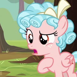 Size: 480x480 | Tagged: safe, screencap, cozy glow, pegasus, pony, marks for effort, bow, cozybetes, cute, female, filly, foal, folded wings, freckles, hair bow, open mouth, raised eyebrow, raised hoof, solo, wings