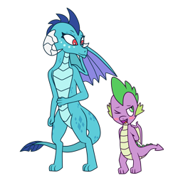 Size: 4800x4800 | Tagged: safe, artist:maxter-advance, princess ember, spike, dragon, blush sticker, blushing, dragoness, emberspike, female, hands behind back, male, one eye closed, shipping, straight, winged spike