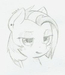 Size: 915x1053 | Tagged: safe, artist:trickydick, babs seed, pony, bust, ear piercing, earring, female, filly, jewelry, lidded eyes, monochrome, open mouth, piercing, sketch, solo, traditional art, unamused