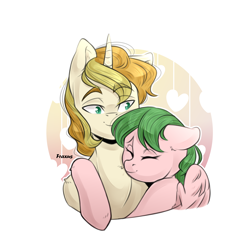 Size: 2000x2000 | Tagged: safe, artist:ilovefraxus, oc, oc only, oc:divo soprano, oc:libby belle, pegasus, pony, unicorn, eyes closed, female, heart, hug, husband and wife, male, mare, simple background, stallion, white background