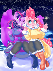 Size: 1800x2400 | Tagged: safe, artist:velcius, pinkie pie, twilight sparkle, twilight sparkle (alicorn), alicorn, anthro, earth pony, breasts, champagne, champagne glass, clothes, cozy, one eye closed, snow, sparkler (firework), sparklers, stars