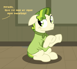 Size: 2792x2500 | Tagged: safe, artist:peternators, pistachio, earth pony, pony, butternut, clothes, crossdressing, dress, floppy ears, freckles, male, sweet apple acres, teenager, text