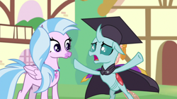 Size: 1920x1080 | Tagged: safe, screencap, ocellus, silverstream, changedling, changeling, classical hippogriff, hippogriff, uprooted, cloak, clothes, dream, duo, female, graduation cap, hat, spread hooves