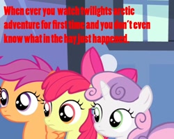 Size: 2048x1638 | Tagged: safe, editor:undeadponysoldier, apple bloom, scootaloo, sweetie belle, caption, confused, cutie mark crusaders, image macro, meme, text, twilight's arctic adventure