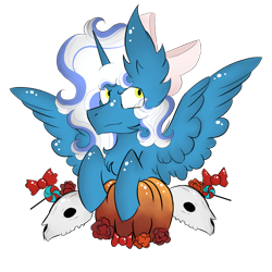 Size: 1000x1000 | Tagged: safe, artist:hunterthewastelander, oc, oc only, oc:fleurbelle, alicorn, alicorn oc, candy, chest fluff, commission, ear fluff, female, flower, food, impossibly large ears, mare, pumpkin, simple background, skull, solo, spread wings, transparent background, wings, ych result