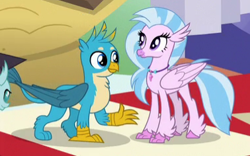 Size: 378x236 | Tagged: safe, screencap, gallus, ocellus, silverstream, classical hippogriff, griffon, hippogriff, uprooted, cropped, dream, duo focus, female, male, raised claw