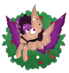 Size: 791x830 | Tagged: safe, artist:hunterthewastelander, oc, oc only, oc:ponebox, pegasus, pony, choker, christmas wreath, ear fluff, female, mare, pegasus oc, simple background, solo, spread wings, transparent background, wings, wreath, ych result