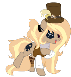 Size: 1433x1557 | Tagged: safe, artist:pegasski, artist:rukemon, oc, oc only, oc:debonair, earth pony, pony, bandana, base used, boot, clothes, eyepatch, female, hat, mare, open mouth, raised hoof, raised leg, shirt, simple background, solo, steampunk, top hat, transparent background, vest