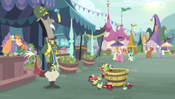 Size: 2020x1136 | Tagged: safe, screencap, coco crusoe, discord, lily, lily valley, royal riff, draconequus, earth pony, living apple, pony, the big mac question, apple, background pony, basket, bubble pipe, clothes, corncob pipe, female, filly, flower, foal, food, general discord, helmet, male, mare, military uniform, mint flower, pear, pipe, stallion, sunglasses, uniform