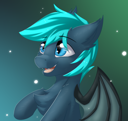 Size: 2958x2788 | Tagged: safe, artist:snowstormbat, oc, bat pony, pony, bust, chest fluff, ear tufts, fangs, gradient background, male, portrait, smiling, solo