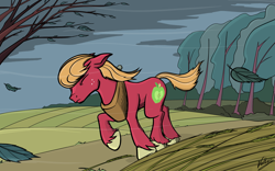 Size: 1508x942 | Tagged: safe, artist:sirvalter, big macintosh, earth pony, pony, leaves, male, solo, stallion, tree, wind