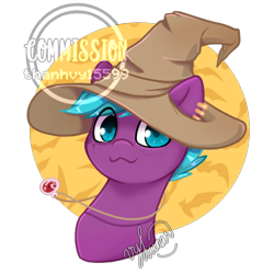 Size: 474x474 | Tagged: safe, artist:thanhvy15599, oc, oc only, oc:starfly, pegasus, pony, blue eyes, blue hair, bust, hat, jewelry, necklace, pegasus oc, purple, witch, witch hat, ych result, your character here