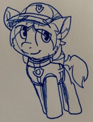 Size: 2006x2613 | Tagged: safe, artist:rainbow eevee, sandbar, pony, cap, clothes, collar, cute, hat, ink drawing, lineart, looking at you, male, monochrome, paw patrol, sandabetes, simple background, solo, traditional art