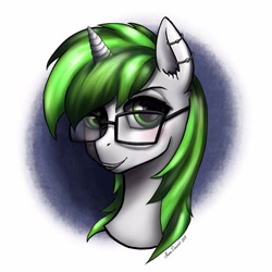 Size: 3000x3000 | Tagged: safe, artist:shanadessaint, oc, oc:greenish fury, pony, unicorn, bust, commission, cute, glasses, green, greeneyes, greenishfury, male, piercing, portrait, solo