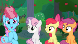 Size: 1600x900 | Tagged: safe, screencap, apple bloom, cup cake, scootaloo, sweetie belle, pony, the big mac question, apple, apple tree, cutie mark crusaders, tree