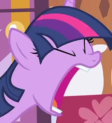 Size: 534x587 | Tagged: safe, screencap, twilight sparkle, pony, green isn't your color, biting, cropped, open mouth, solo