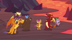 Size: 1920x1080 | Tagged: safe, screencap, billy (dragon), garble, smolder, spike, dragon, sweet and smoky, clump, crossed arms, dragoness, female, lava, male, raised eyebrow, spread arms, teenaged dragon