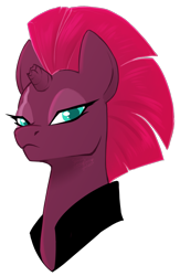 Size: 850x1302 | Tagged: safe, artist:owlfluffs, artist:shadeysix, tempest shadow, pony, unicorn, broken horn, bust, clothes, eye scar, female, frown, horn, lidded eyes, looking at you, mare, scar, simple background, solo, transparent background