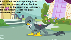 Size: 800x450 | Tagged: safe, edit, edited screencap, screencap, gabby, dragon dropped, backache, bronybait, cute, gabbybetes, implied zecora, mailbag, pain, pain star, speech