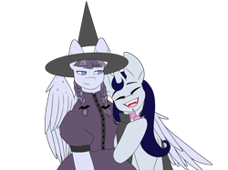 Size: 2732x2048 | Tagged: safe, artist:blacksky1113, artist:icey-wicey-1517, color edit, edit, inky rose, moonlight raven, pegasus, pony, undead, unicorn, vampire, vampony, candy, cape, clothes, colored, cute, dress, eyes closed, fangs, female, food, halloween, hat, holiday, hug, inkyraven, lesbian, mare, open mouth, shipping, simple background, skirt, transparent background, winghug, witch, witch costume, witch hat