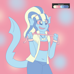 Size: 2250x2250 | Tagged: safe, artist:suchosophie, sonata dusk, anthro, shark, equestria girls, bracelet, chew toy, clothes, elf ears, jewelry, limited palette, necklace, ribbon, sharkgirl, sharp teeth, simple background, smiling, solo, teeth