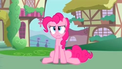 Size: 1280x720 | Tagged: safe, derpibooru import, screencap, pinkie pie, earth pony, pony, a friend in deed, confused, female, mare, pinkie pie is not amused, ponyville, sitting, solo, unamused