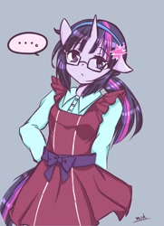 Size: 1447x1994 | Tagged: safe, artist:mohrm_mlp2, sci-twi, twilight sparkle, anthro, ..., cute, ear down, female, glasses, gray background, hairpin, looking at you, simple background, solo, speech bubble, twiabetes