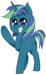 Size: 692x1124 | Tagged: safe, artist:t72b, oc, oc:xenotic programming, pony, unicorn, 2020 community collab, derpibooru community collaboration, grin, simple background, smiling, solo, transparent background, waving