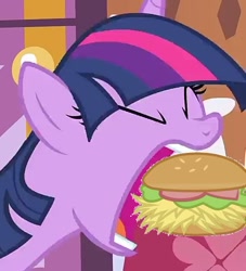 Size: 534x587 | Tagged: safe, edit, edited screencap, screencap, twilight sparkle, green isn't your color, biting, burger, cropped, food, open mouth, solo, twilight burgkle