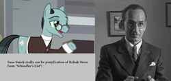 Size: 1440x680 | Tagged: safe, edit, edited screencap, screencap, earth pony, human, pony, the last laugh, itzhak stern, ponified, sans smirk, schindler's list