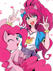 Size: 1200x1600 | Tagged: safe, artist:menko_e, pinkie pie, human, pony, anime, cute, diapinkes, female, heart, human ponidox, humanized, kotobukiya, kotobukiya pinkie pie, looking at you, one eye closed, open mouth, peace sign, pixiv, pony ears, self ponidox, simple background, white background, wink