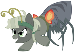 Size: 4245x2916 | Tagged: safe, artist:kai-alive, oc, oc only, oc:barabi, drider, monster pony, original species, pony, spiderpony, bandana, belt, coat markings, commission, fake wings, female, grin, headband, mare, raised hoof, simple background, smiling, sneaky, solo, spy, transparent background, watermark