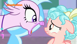 Size: 800x461 | Tagged: safe, screencap, cozy glow, silverstream, hippogriff, pegasus, pony, what lies beneath, floppy ears, looking at each other, nickelodeon, open mouth