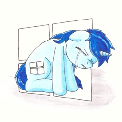 Size: 894x894 | Tagged: safe, artist:zocidem, oc, oc:windows, pony, unicorn, crying, female, simple background, sitting, solo, teary eyes, traditional art