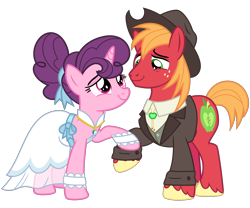Size: 3600x3000 | Tagged: safe, artist:cheezedoodle96, big macintosh, sugar belle, earth pony, pony, unicorn, the big mac question, .svg available, bolo tie, clothes, cowboy hat, cute, dress, eye contact, female, hat, holding hooves, husband and wife, lidded eyes, looking at each other, male, mare, marriage, ring, shipping, shirt, simple background, smiling, stallion, straight, sugarmac, suit, svg, transparent background, vector, vest, wedding, wedding dress, wedding ring