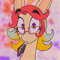 Size: 1080x1080 | Tagged: safe, artist:littmosa, oc, oc:littmosa, earth pony, pony, bust, female, freckles, glasses, looking at you, mare, mouth hold, portrait, solo, stylus, uwu