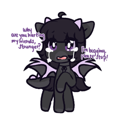 Size: 2000x2000 | Tagged: safe, artist:angelbeat-drift, oc, oc only, oc:endie, dracony, dragon, hybrid, pony, crying, enderdragon, female, horns, looking at you, mare, minecraft, ponified, raised hoof, ribbon, simple background, solo, speech, spikes, white background, wings