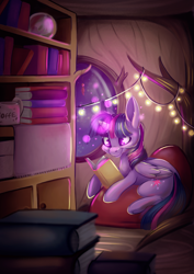 Size: 2481x3508 | Tagged: safe, artist:cutepencilcase, twilight sparkle, twilight sparkle (alicorn), alicorn, pony, book, bookshelf, female, glowing horn, golden oaks library, horn, mare, night, reading, sitting, smiling, solo, string lights