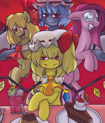 Size: 1024x1199 | Tagged: safe, artist:reneesdetermination, pinkie pie, bat pony, pony, vampire, crossover, flandre scarlet, pinkamena diane pie, ponified, remilia scarlet, rumia, touhou