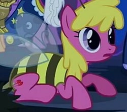 Size: 285x252 | Tagged: safe, screencap, cherry berry, bee, pony, luna eclipsed, animal costume, background pony, bee costume, clothes, cosplay, costume, cropped, cute, female, mare, nightmare night costume, outfit catalog, prone, solo focus, 🐝