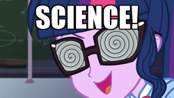 Size: 600x338 | Tagged: safe, edit, edited screencap, screencap, sci-twi, twilight sparkle, better together, do it for the ponygram!, equestria girls, caption, close-up, dr. insano, female, image macro, science, solo, text