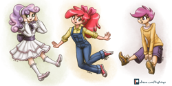 Size: 2250x1127 | Tagged: safe, artist:king-kakapo, apple bloom, scootaloo, sweetie belle, human, bow, cargo shorts, clothes, converse, cute, cutie mark crusaders, female, hair bow, humanized, jumping, overalls, patreon, patreon logo, shoes, shorts, smiley face, sneakers
