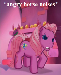 Size: 378x462 | Tagged: safe, edit, edited screencap, screencap, pinkie pie (g3), a very minty christmas, g3, angry, angry horse noises, cropped, fireplace, horse noises, horses doing horse things, pinkie pie is not amused, reaction image, stamping hoof, text, unamused