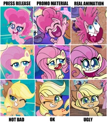 Size: 1474x1693 | Tagged: safe, edit, applejack, fluttershy, pinkie pie, earth pony, pegasus, pony, my little pony: pony life, applejack's hat, cowboy hat, cropped, eyes closed, female, hat, lidded eyes, looking at you, mare, one eye closed, open mouth, opinion, pony life drama, smiling, wink