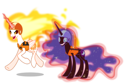 Size: 4000x2691 | Tagged: safe, artist:orin331, daybreaker, nightmare moon, alicorn, pony, between dark and dawn, duo, ethereal mane, female, helmet, magic, magic aura, mane of fire, mare, siblings, simple background, sisters, starry mane, telekinesis, transparent background